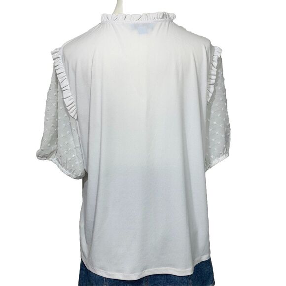 CeCe Women’s White Ruffle Sleeve Blouse Size XL Textured Dot Sleeves, Keyhole Ne - Picture 4 of 6